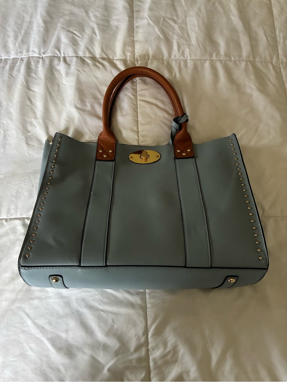 Women’s Leather Tote Bag in Light Blue with Tan Handles